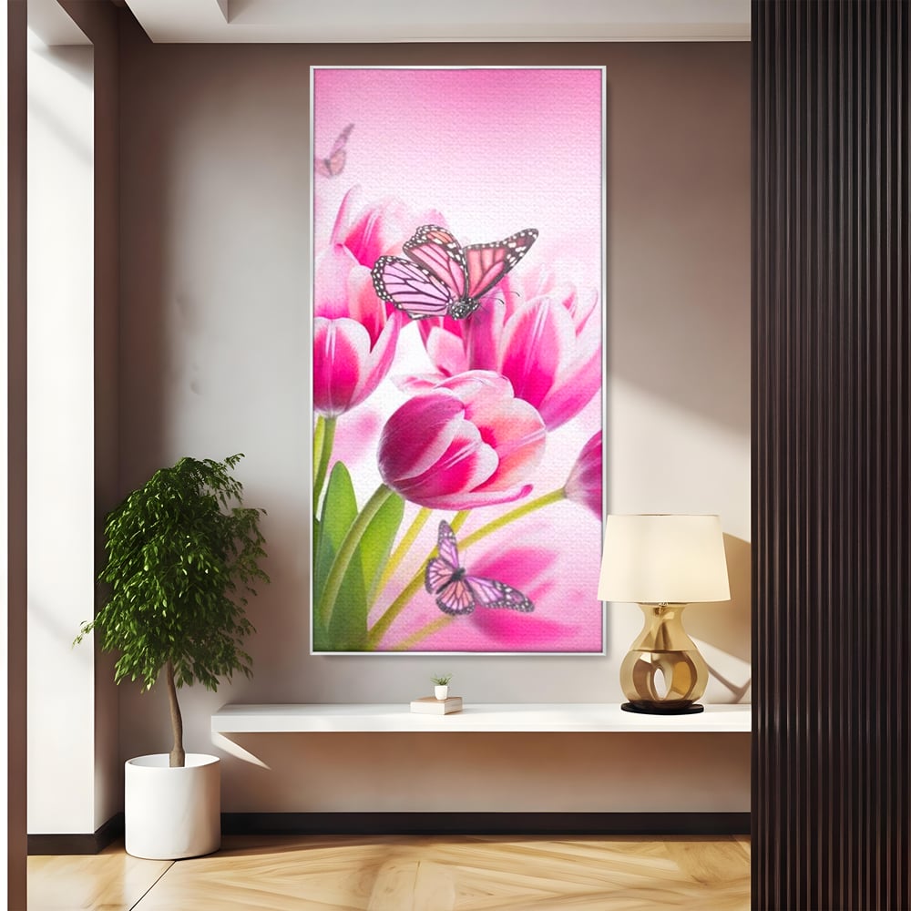 Tablou canvas cu tablou canvas cu lalele roz si fluturi, in rama de aluminiu argintiu